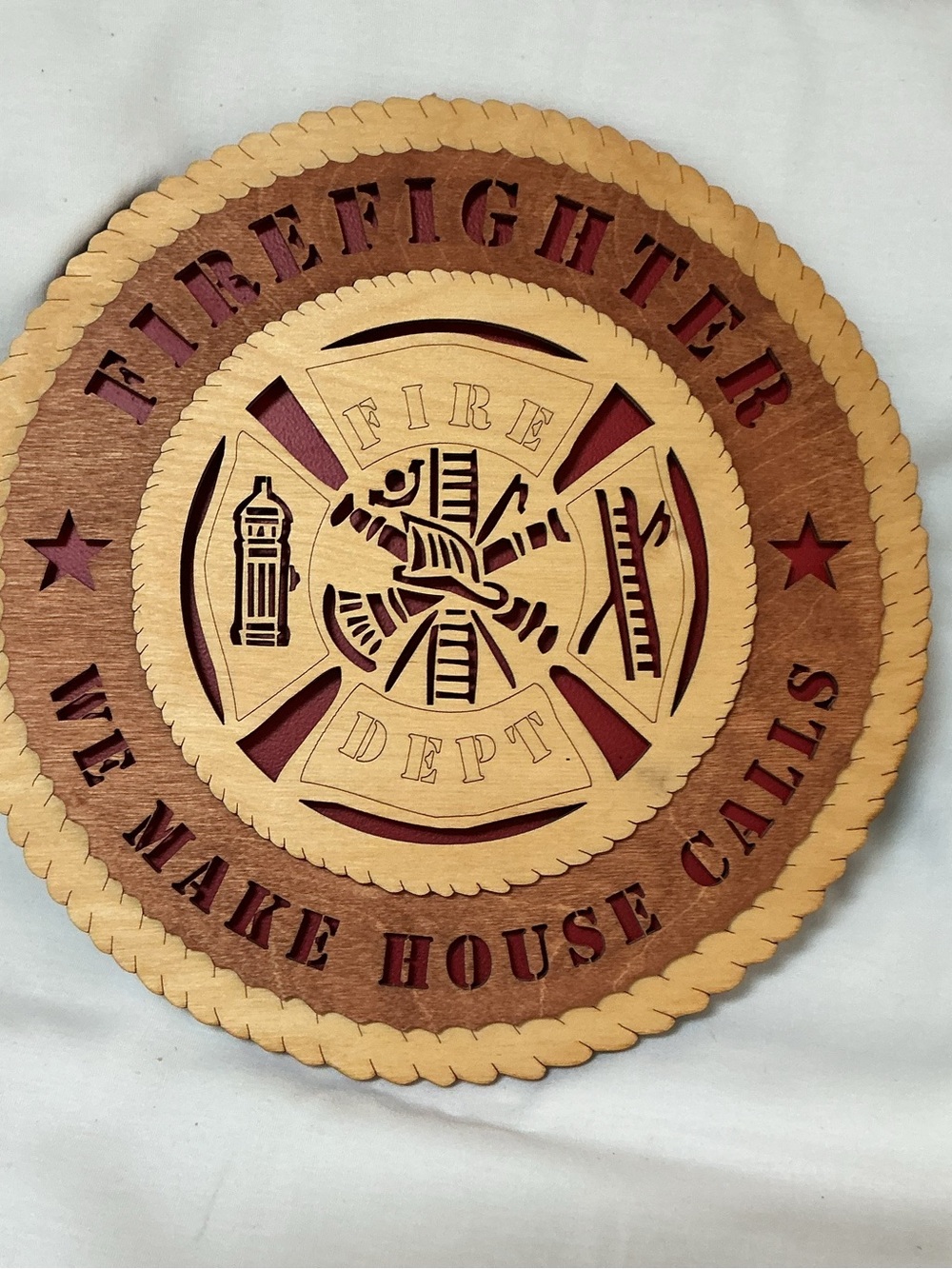 Laser-cut Firefighter Wall Plaque - Red and Natural Wood